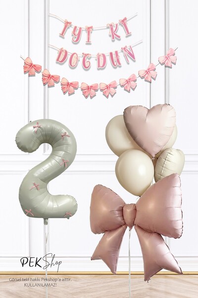 PEKSHOP 2 Yaş Pembe Fiyonk Lüks Doğum Günü Balon Seti