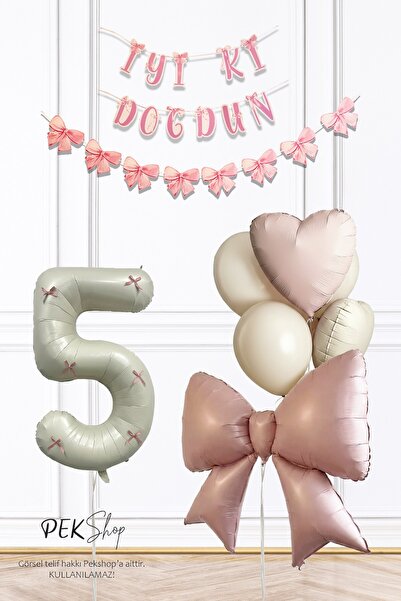 PEKSHOP مجموعة بالونات عيد ميلاد فاخرة باللون الوردي لعمر 5 سنوات