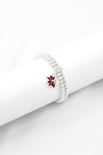 Alex and Ani Women Stainless Steel Poinsettia and Crystal Double Stretch Brac...