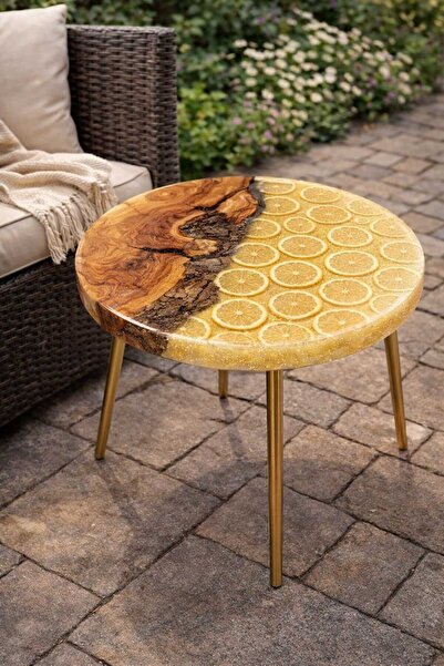 Epoxia Dizayn Epoksi Yarısı Doğal Ağaç Yarısı Gerçek Limon Dilimli Tasarım Sehpa