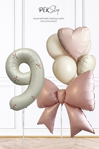 PEKSHOP 9 Yaş Pembe Fiyonk Kurdele Süslü Yaş Balonlu Fiyonk Tema Doğum Günü B...