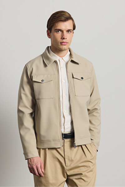 Danger Men's Standard Fit Shirt Collar Jacket Beige