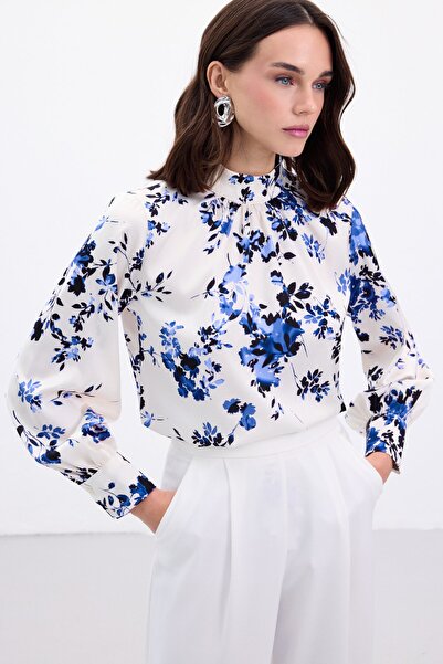 Sateen Stand Collar Blouse - Blue