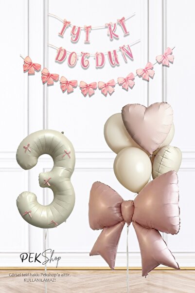 PEKSHOP 3 Yaş Pembe Fiyonk Lüks Doğum Günü Balon Seti