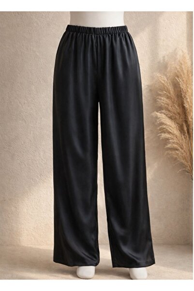 MAS MODA Rahat kalıp Beli Lastikli Siyah ipek Pantolon Ferace Çarşaf Altı