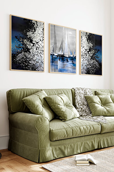 kutuTR Ahşap Çerçeveli 2D UV Baskı 3'lü Tablo set–Modern Yelkenli ve Deniz Te...