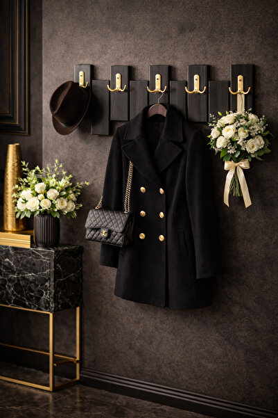 Trend Kitchen Prau Modern Siyah Metal Kancalı Ahşap Antre, Hol Ve Portmanto D...