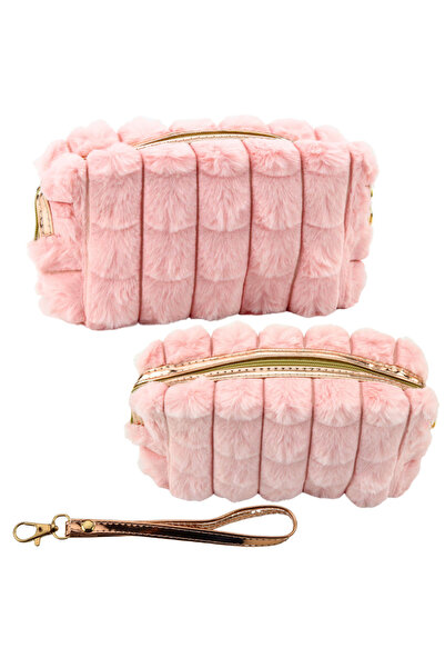 Three top online Plush Cosmetic Bag With Handle Roomy Pink 20cm