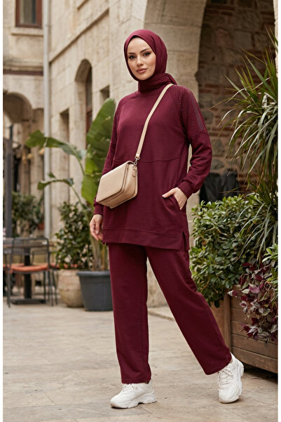 sefamerve Premium Fabric Double Suit with Shoulder Stones 0240-01 Claret Red