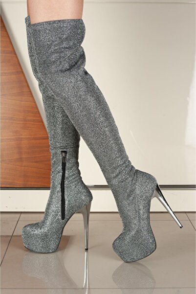 Tarz Topuklar Merlin Silvery Gray Women's Thin Heel High Above-Knee Stretch B...