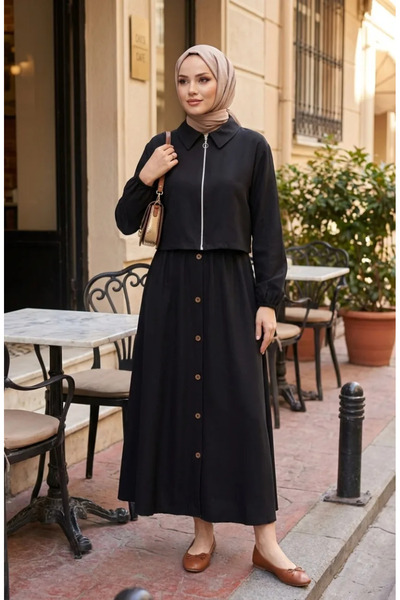 sefamerve Zippered Cotton Hijab Double Set 0239-01 Black
