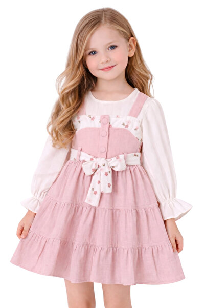 İrem Çocuk Giyim Girl's Floral Patterned Muslin Fabric Powder Color Long Slee...