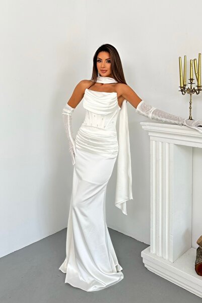 İyem Abiye İncili Şallı Ve Eldivenli Şık Saten Tasarım Abiye Elbise Dar Kalıp