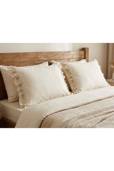 LILYUM %100 Pamuk Renkli Püsküllü Fırfır Detaylı Ham Keten Yastık Kılıfı Takı...