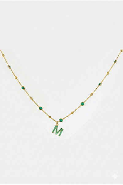 Queen Silver Jewelry 925 ayar gümüş. yeşil zirkon taşlı toplu zincirli harfli...