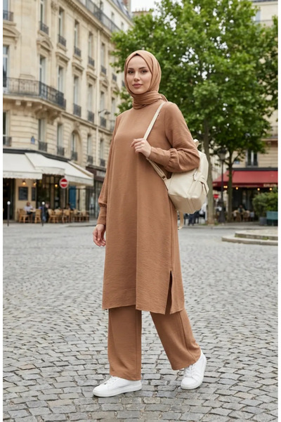 sefamerve Aerobin Fabric Tunic Trousers Double Set 4144-03 Camel