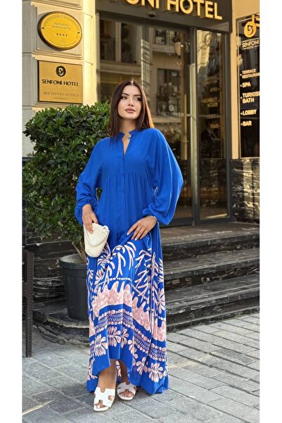 Cannes Women's Patterned Stand Collar Buttoned Balloon Sleeve Navy Blue Long ...