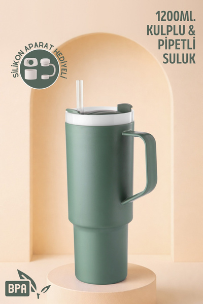 Nandy Home Büyük Boy, Kulplu ve Pipetli 1200Ml. Suluk & Matara - Silikon Apar...