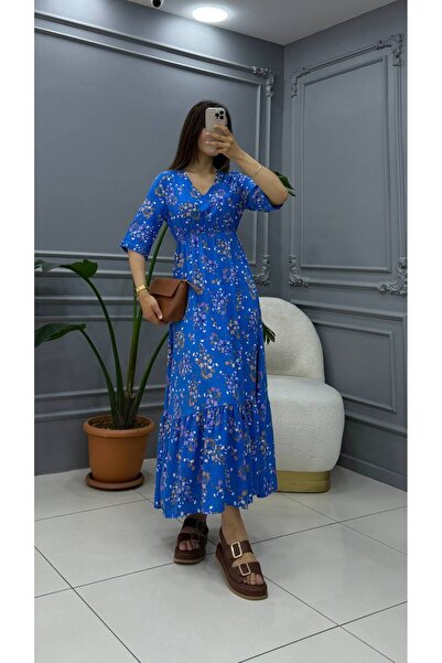 Cannes Kadın Çiçek Desenli V Yaka Beli Lastikli Mavi Uzun Elbise