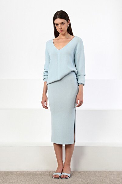 Ferraro Blue Midi Length Viscose Women's Knitwear Skirt with Side Slits