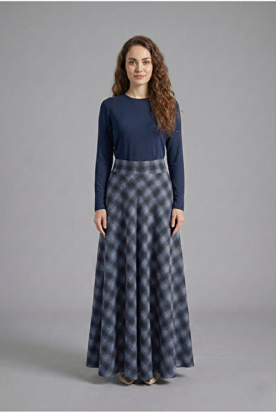 Şiir Manua Women's Plaid Pattern Flared A-Line Skirt & Hijab Skirt - Navy Blue