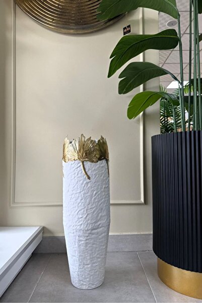 HERA DEKOR Imported Metal Floor Vase with Gold Leaf Detail 66cm