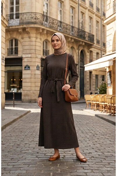 sefamerve Geometric Patterned Belted Hijab Dress 2222-04 Brown