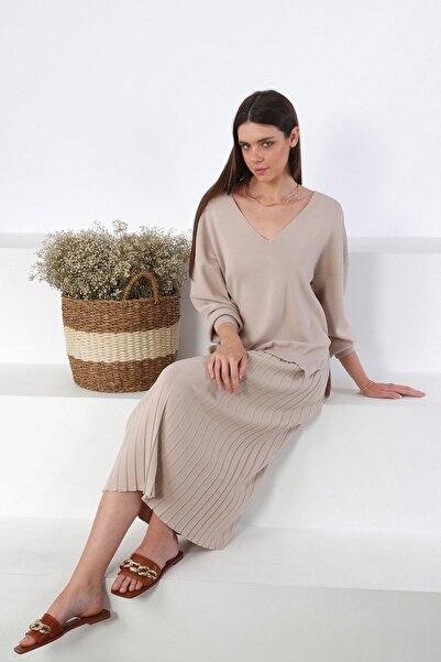 Ferraro تنورة تريكو نسائية من الفيسكون مطوية باللون البيج بطول ميدي