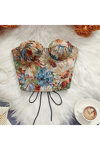 Tual Yeşil Desenli Özel Dokulu Straplez Büstiyer Korse