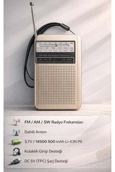 FaroxTech Şarj Edilebilir Taşınabilir Cep Radyosu - FM/AM/SW Frekanslı, 500 m...