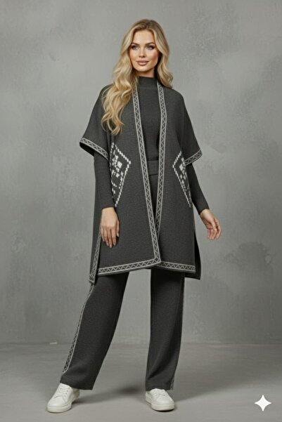 NERM Patterned Poncho Pants Bady 3-Piece Knitwear Set