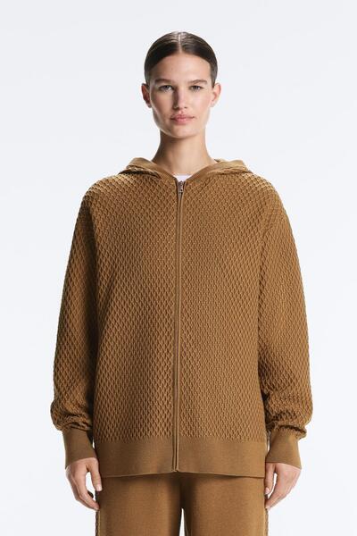 Oysho Long structured knit jacket with hood