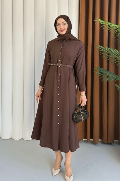 Modaensarbutik Ön Düğmeli Kemerli Tencel Gömlek Tesettür Elbise-KAHVERENGİ