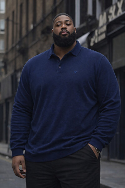 Maccali Men's Plus Size Basic Polo Indigo Long Sleeve T-Shirt