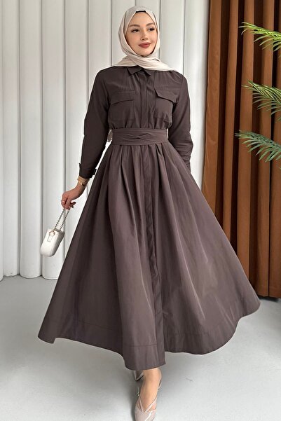 Modaensarbutik Boydan Düğmeli Kuşaklı Tesettür Elbise-KAHVERENGİ
