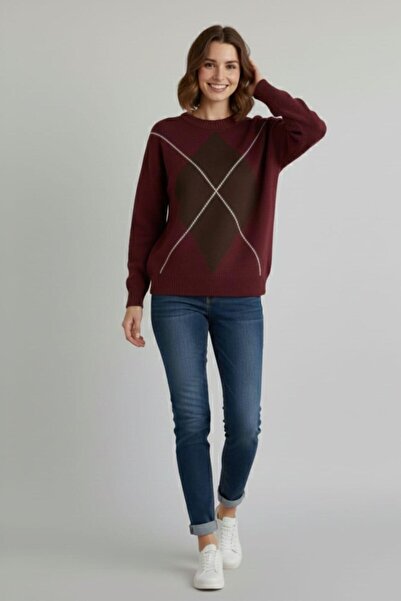 Cockatoo Women's Crew Neck Diamond Patterned Trendy Sweater Claret Red / Brown