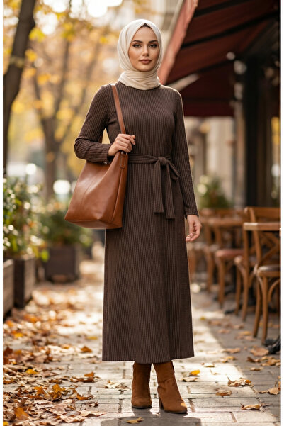 sefamerve Stripe Patterned Belted Hijab Dress 2222A-01 Brown