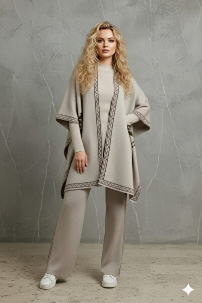 NERM Patterned Poncho Pants Bady 3-Piece Knitwear Set