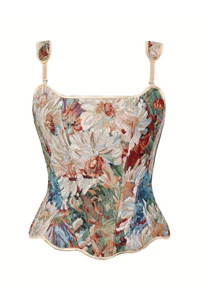 Tual Bej Desenli Özel Dokulu Straplez Vintage Büstiyer Korse