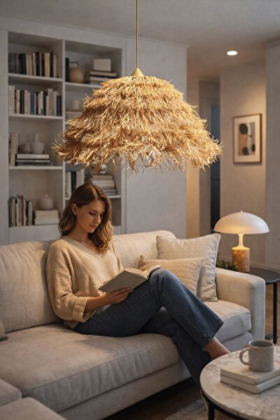 Home Bohem Handmade Doğal Rafya Hasır 6 Katmanlı Avize El Yapımı Sarkıt Aydın...