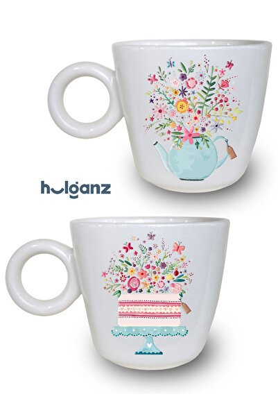 Hulganz Handmade 2-Piece Ceramic Cake and Teapot Patterned Tea Coffee Cup Mug