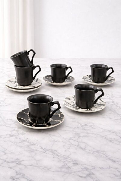YzHome 6-Person Black Ceramic Patterned Plate Coffee Cup Set 90ml