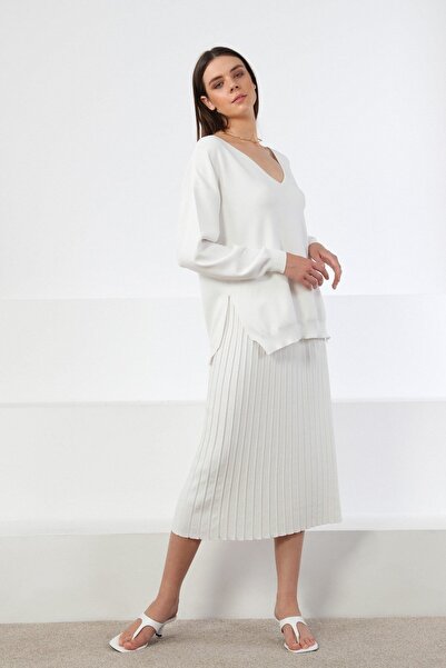 Ferraro White Midi Length Pleated Viscose Women's Knitwear Skirt