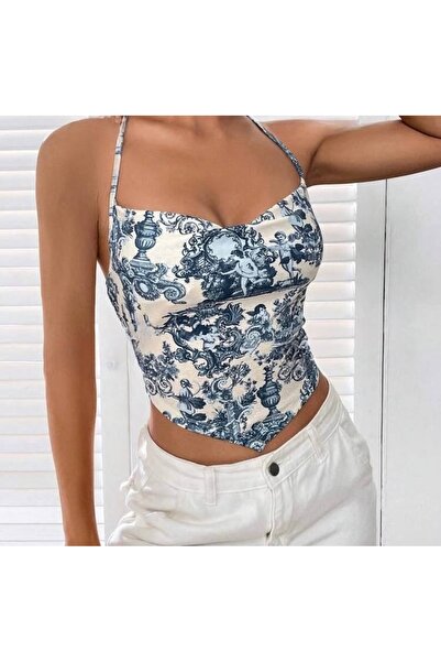 Tual Mavi Beyaz Desenli Boyundan Bağlamalı Crop Büstiyer