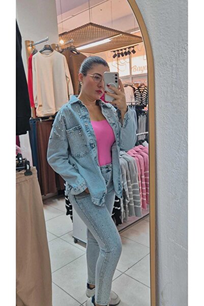 MODA Taş Detaylı Oversize Kot Gömlek Ceket