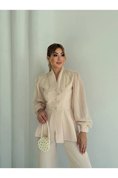 1Moda1Tarz Εισαγόμενο σετ παντελονιού και σακάκι από ύφασμα Scuba Crepe με κε...