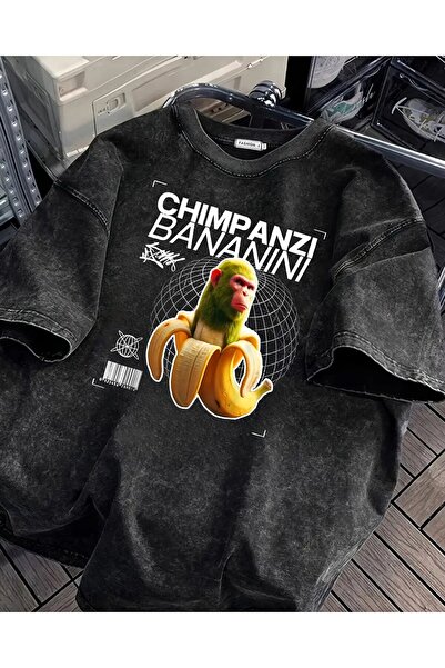 Le Savu Washable Chimpanzee Banana Printed Unisex Oversize Vintage T-Shirt