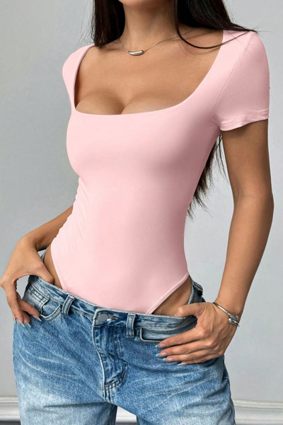 thesunfyre Body de damă cu mânecă scurtă, cu gât pătrat, slim fit din jerseu ...