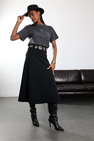 Somut istanbul Black Lycra Flared Midi Skirt