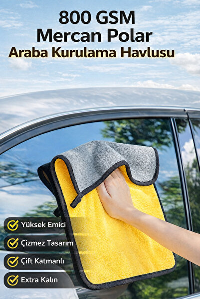 CONOCER Mercan Polar Araba Kurulama Havlusu 800GSM 60*90cm Çift Katman Yüksek...